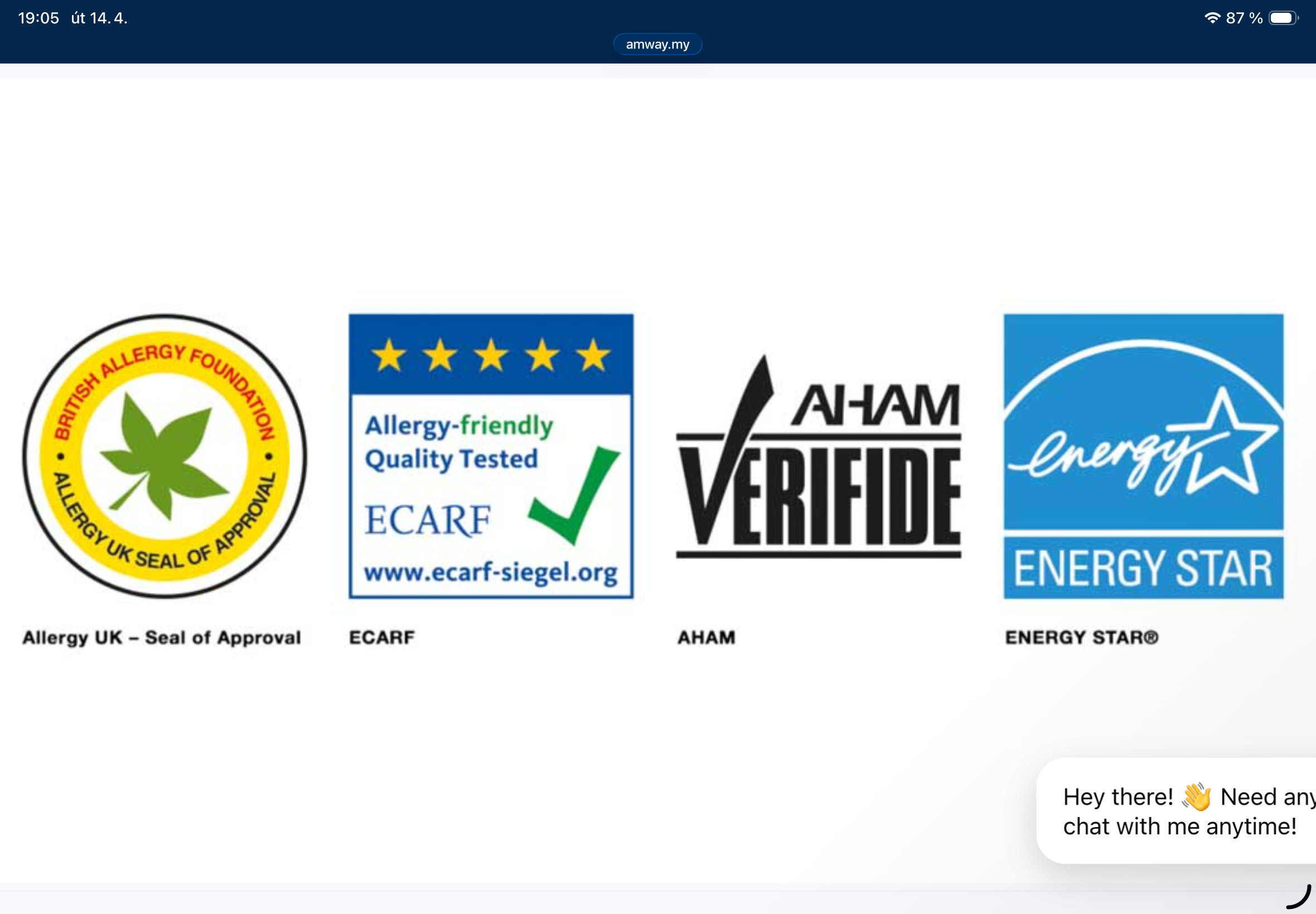 Atmosphere Sky certifikace — Allergy UK, ECARF, AHAM, Energy Star